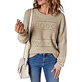Yousify Womens Long Sleeve Sweaters Casual Crewneck Cable Knit Crochet Loose Fit Fall Pullover Tops