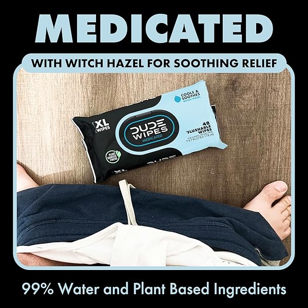 DUDE WIPES FRAGRANCE FREE HEMORRHOID FLUSHABLE WIPES – 1 PACK (48 COUNT) – EXTRA-LARGE, MEDICATED WITH WITCH HAZEL FOR SOOTHING RELIEF – SEPTIC AND SEWER SAFE
