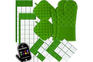 BSKSSK Oven Mitts Kitchen Towels Dishcloths with Pot Holders Sets 12PCS, Dish Towels Sets, Oven Gloves Pot Pads Heat Resistant 500 Degrees with Non-Slip Silicone Surface for Cooking Baking Grilling-Green