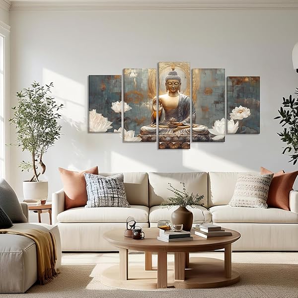 BUDDHA CANVAS WALL ART 5 PIECE ZEN WALL DECOR BUDDHISM MEDITATION PAINTING FOR SPIRITUAL ROOM LIVING ROOM HOME DECOR OFFICE FRAMED(PICTURE-1,8X14INX2 8X18INX2 8X22INX1)