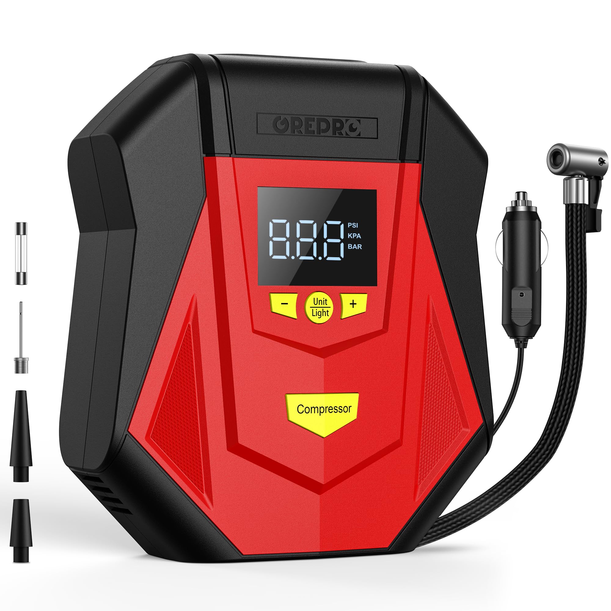 Photo 1 of GREPRO Tire Inflator Portable Air Compressor, DC 12V Air Pump for Car Tires, 150PSI Digital Electric Tire Pump with Pressure Gauge, Auto Shutoff Function, LED Light for Car Tires, Motorcycle, Bicycle
