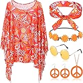 Hicarer 6 Pcs Hippie Costume Accessories Set Includes Headband Poncho Necklace Earrings Sunglasses for Women Girls