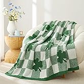 Snuggle Sac St.Patrick's Day Blanket, Lucky Spring Green Clover Shamrock Irish Throw Blanket, Soft Cozy Fuzzy Reversible Checkered Blanket for Couch Sofa Chair, 50x60 inches