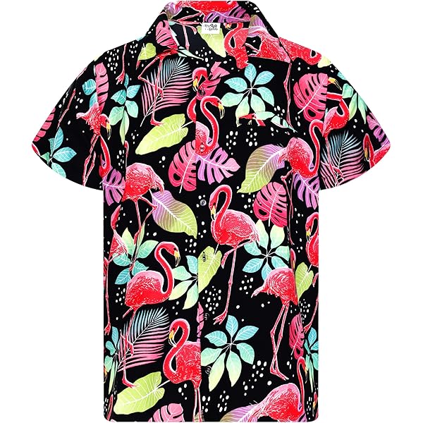 Camisa Hawaiana Hombre Manga Corta: Diseño Flamencos Y Frutas, 100% Tergal, Ligera, Secado Rápido, No Necesita Plancha, Tallaje Ajustado