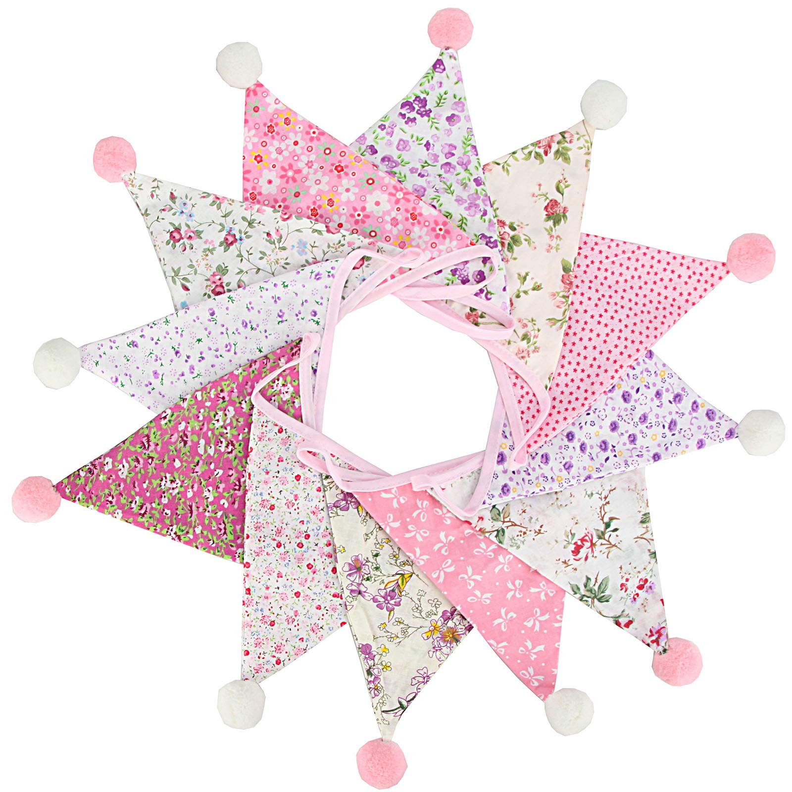 G2PLUS 4M Fabric Bunting Banner with Poms -12PCS Double Sided Cotton Pennants - 17x19CM Floral Triangle Garlands for Birthday Parties Ceremonies Kitchen Bedrooms Decoration-Pink