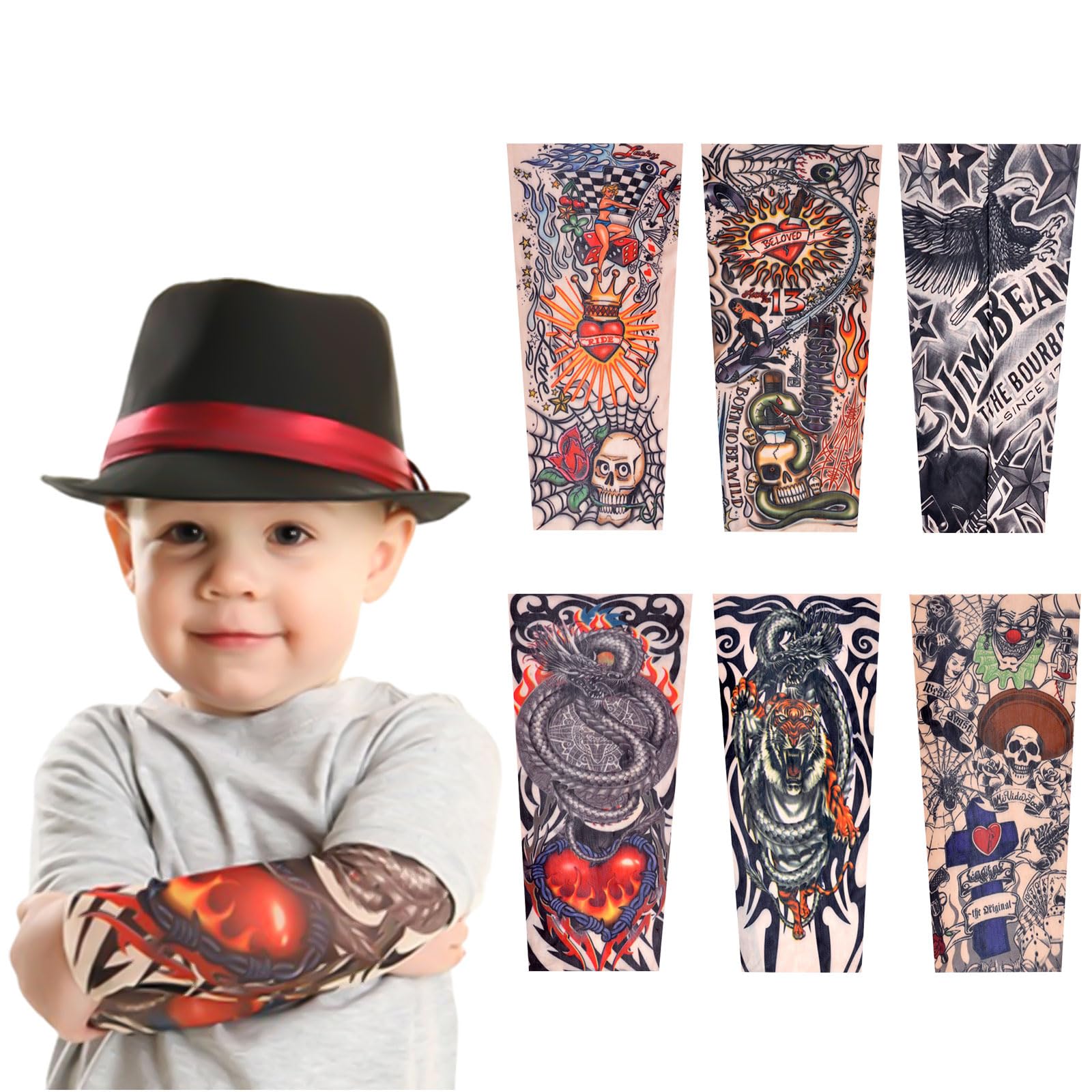 TSHAOUN 6 Pieces Kids Fake Temporary Tattoo Sleeves, Cool Boys Girls Art Arm Fake Tattoo Sleeves Cover, Child Arm Stockings Halloween Tattoo Sleeves Hip Hop Sun Block Sleevelet For Children (6 Colors)