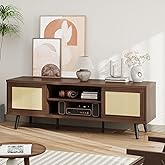 Bestier TV Stand for 65 75 Inch TV, Rattan Entertainment Center with Sliding Doors, Mid Century Modern TV Console with Storage Shelves, Media Console Table for Living Room Bedroom - Walnut