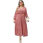 KOJOOIN Women Plus Size V Neck Maxi Dress Wrap Long Sleeves High Waist Ruffle Casual Dress with Belt