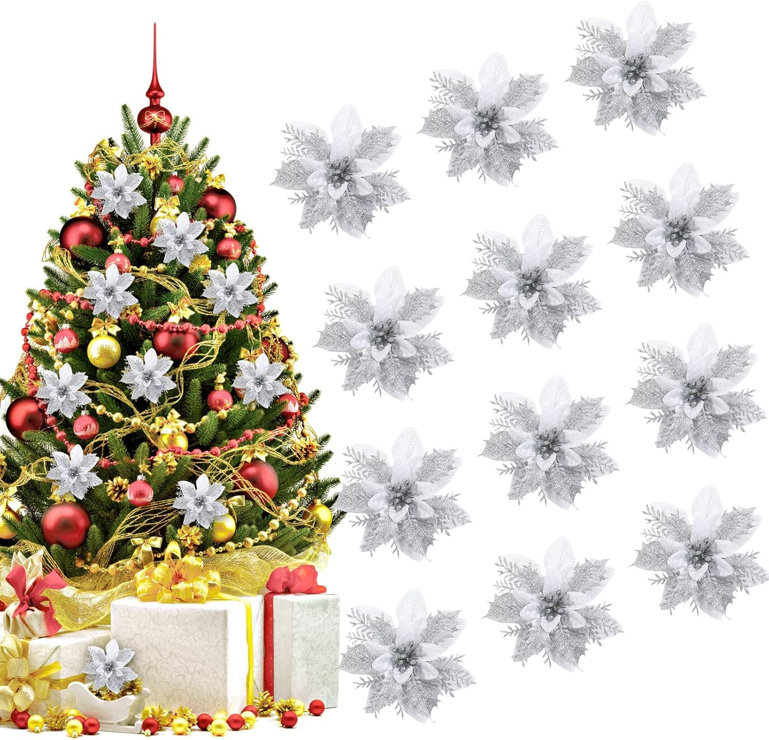 12 Pieces 14cm glitter Christmas flowers artificial poinsettia flowers Christmas tree decorations Christmas tree ornaments Christmas Glitter Poinsettia Flowers Poinsettia Artificial Flowers Glitter