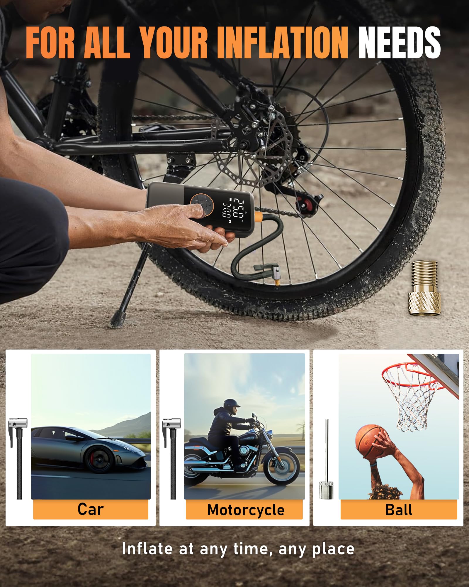 MAKELIFT Tire Inflator Portable Air Compressor, 150PSI Air Compressor for Car Tires, Cordless Bike Pump with Pressure Gauge & LED Light, Tire Pump for Cars, Motorcycles, Bikes, Balls