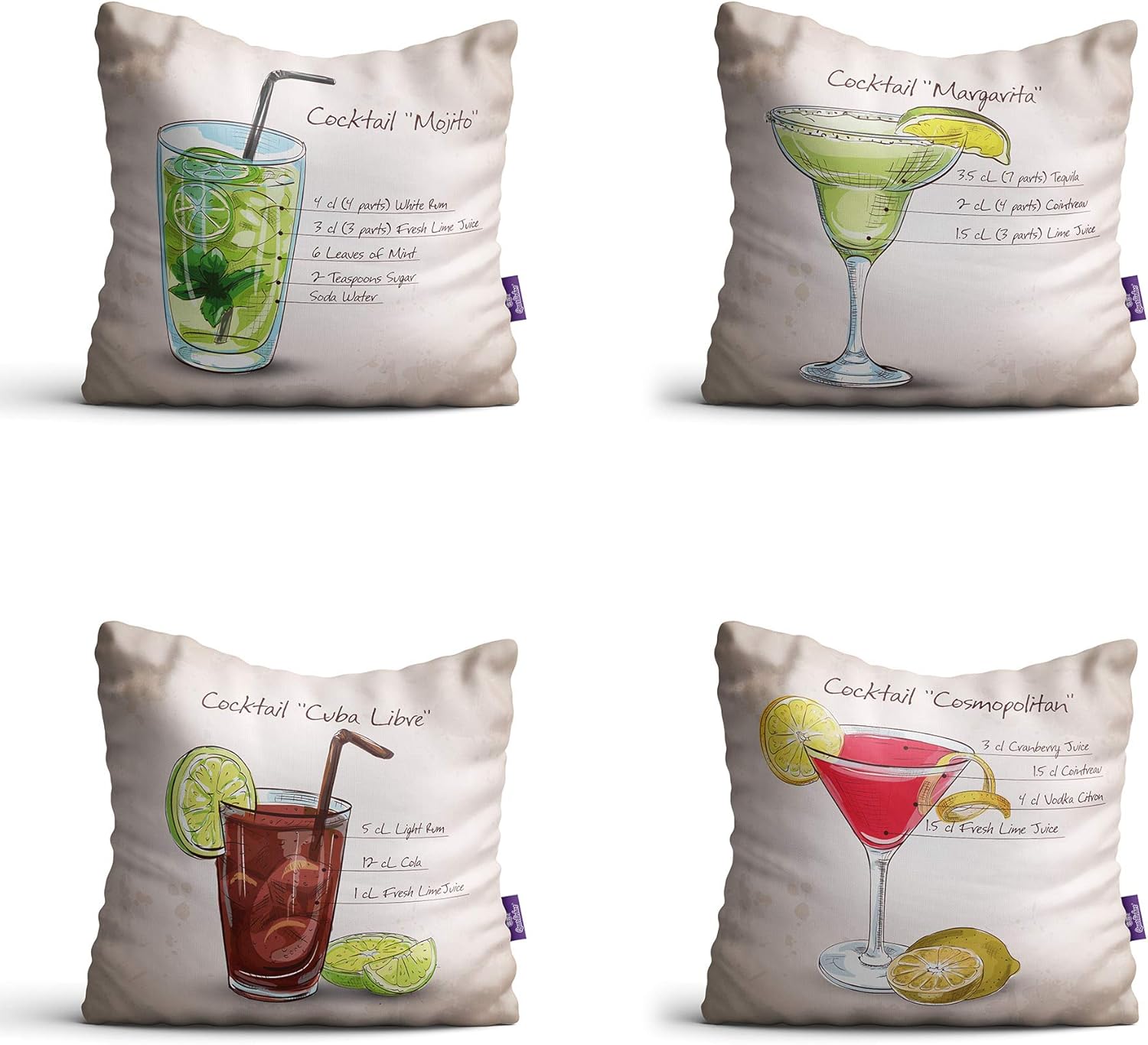 Capas de Almofadas com Frases Drinks Bege 35x35cm Kit 4un