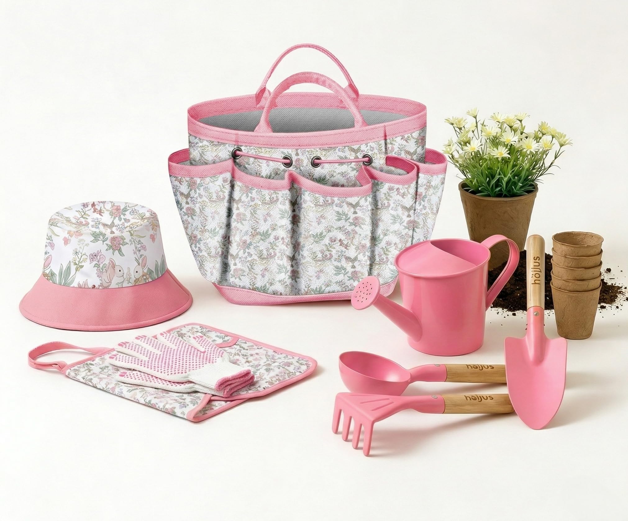 Kids Gardening Tool Set, 18PCS Children's Gardening Kit, Outdoor Garden Toys for Kids with Tote Bag Shovel Rake Trowel Watering Can Peat Pot etc, Gift Sets for Boys, Girls (Pink)