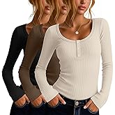 Velvelhall 3 Pack Women's Long Sleeve Henley T Shirts Button Down Scoop Neck Slim Fit Ribbed Knit Casual Clothes Layer Tops