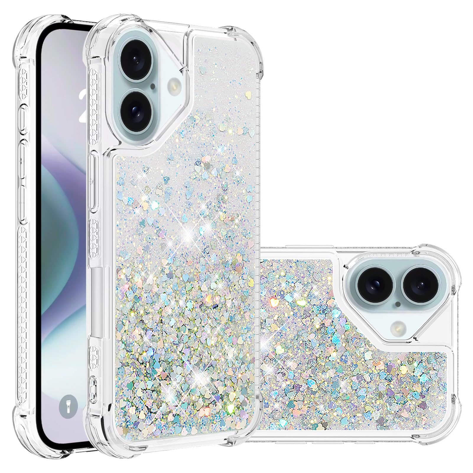 IMEIKONST Glitter Case for iPhone 16 Plus, Liquid Sparkle Quicksand Clear Transparent Sequin for Girls Slim TPU Bumper Silicone Shockproof Cover for iPhone 16 Plus. Love Silver YBW