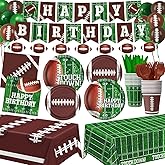 Football Birthday Party Decorations Includes Plates, Napkins, Cups, Banner, Balloons, Touchdown Tablecloth for Football Birthday & Tailgate Party Decorations, Serves 24