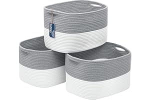 AUSSIY 3 Pack Rope Baskets for Storage Basket, Cotton Rope Woven Basket with Handles. Blanket Basket for Storing Clothes, Toys, Books, Shelves etc, 15''L x 10''W x 9.5''H, Gray/Off White