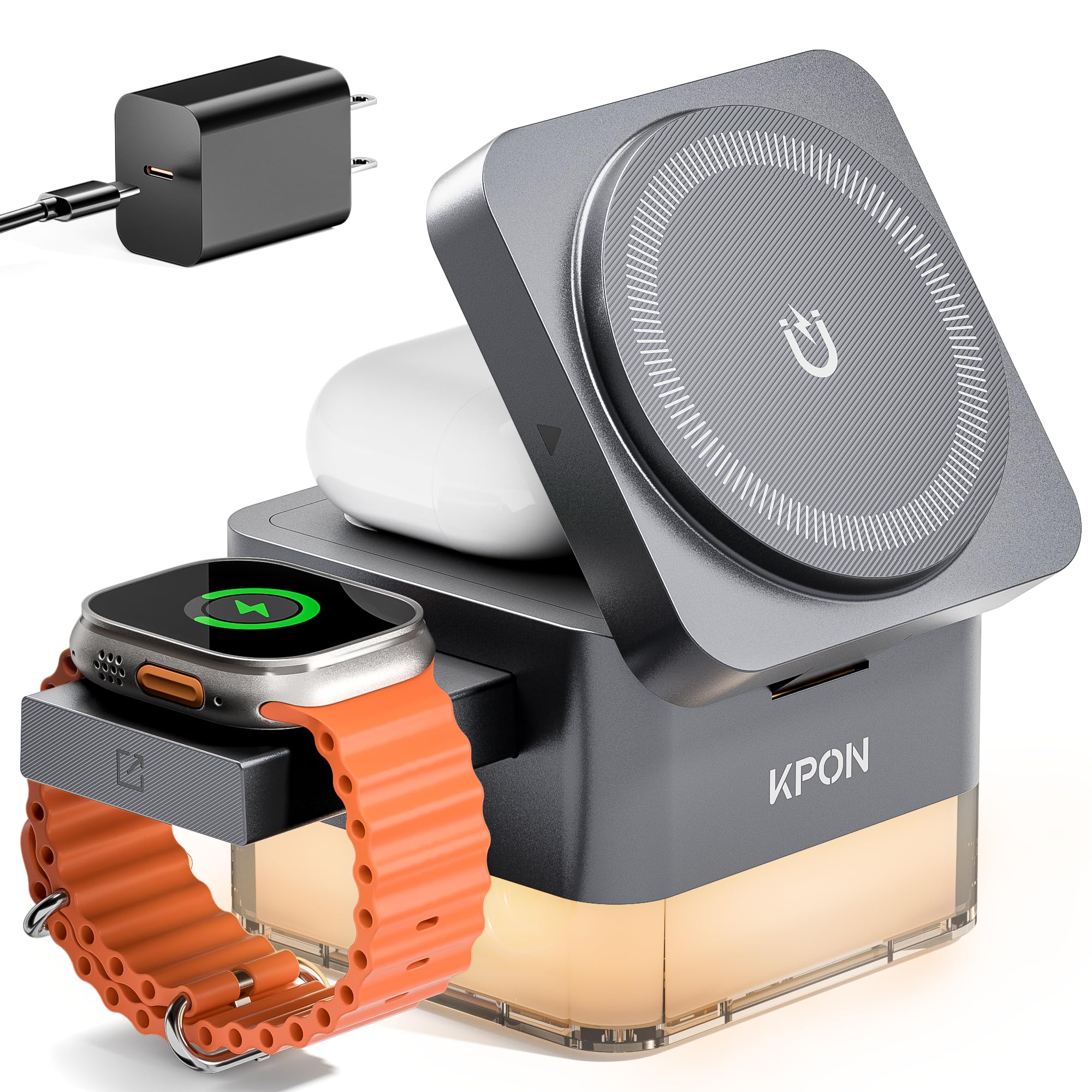 KPON for iPhone Nightstand Charging Station,15W 3 in 1 Wireless Phone Charger Stand with Night Lamp, Travel Foldable Magnetic Cube Magsafe Dock for iPhone 17 16 15 14 13 12 Series/Apple Watch/Airpods