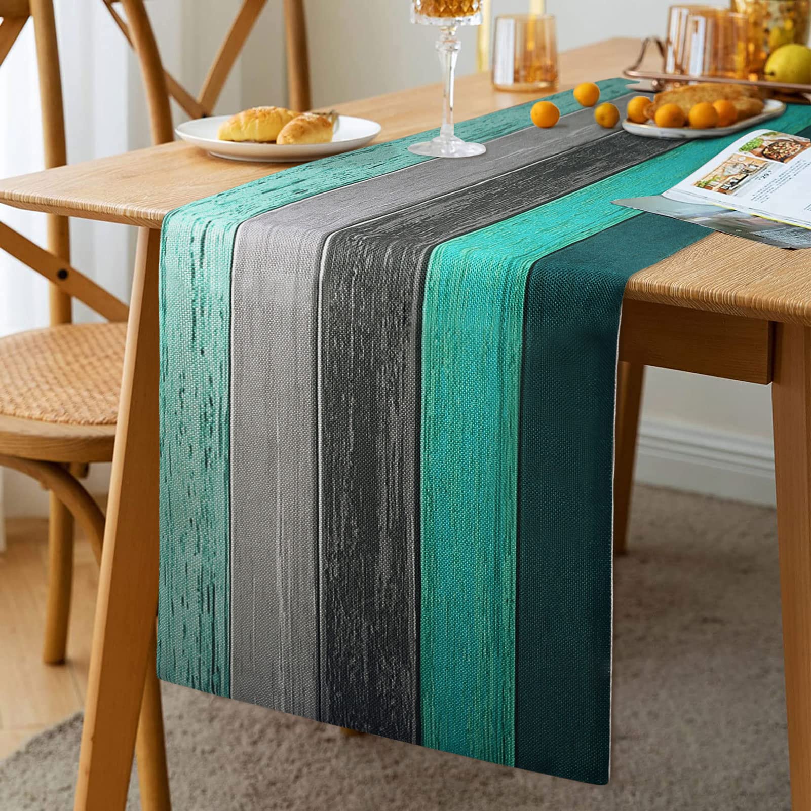 Hanrunsi Blue Table Runner Linen Green Table Runner Retro Rustic Barn Wood&Teal Grey Burlap Rectangle Table Setting Decor for Farmhouse Wedding Party Holiday Home Decor Table Runners 33 X183 cm