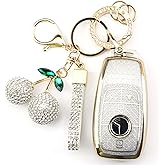 Rayslesan Sparkly Key Fob Cover with Cherry Keychain, Bling TPU Smart Key Case for Women, Compatible with Benz E, S, C, G, A Class CLA CLS GLA GLC GLE GLS SLC SL GLK GL SLK GT (4-Button, Gold White)