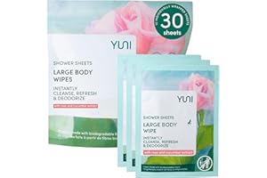 YUNI Beauty Large Body Wipes - Rose Cucumber, 30 Count - Moist Showerless Wipes, Cleanse & Deodorize, On-the-Go Waterless Body Cleanser, Individually Wrapped for Camping, Travel & Gym