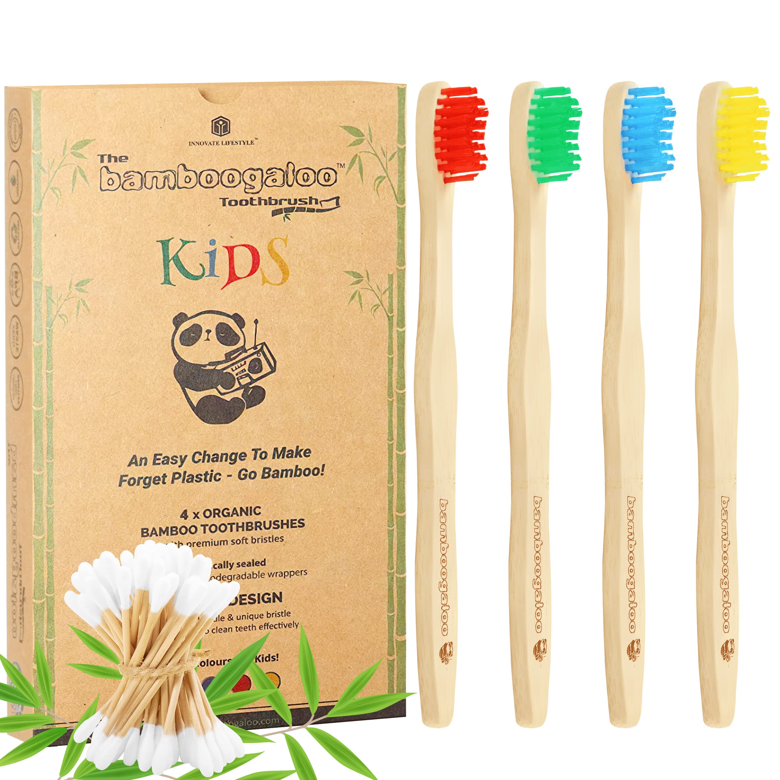 BAMBOOGALOO Kids Bamboo Toothbrush Set - 4 Pack Organic Rainbow Kids Toothbrushes & Ultra-Soft Cotton Swabs - Bamboo Wooden Toothbrush with Soft & Gentle BPA-Free Bristles - Plastic-Free Packaging