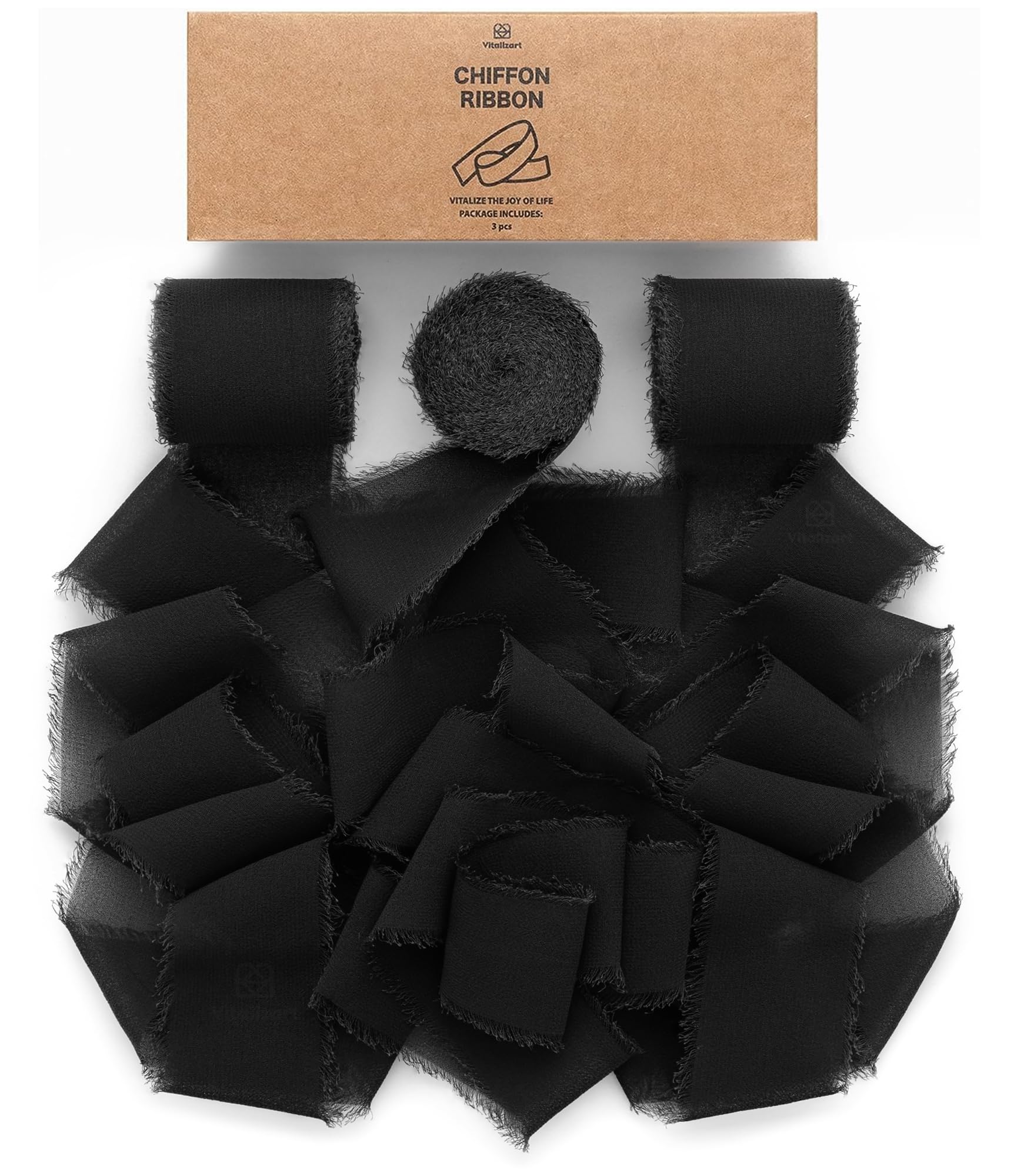 Vitalizart Black Chiffon Ribbon 1.5'' x 21 Yd, Chiffon Silky Ribbons 3 Rolls 1.5'' x 7 Yd, Handmade Fringe for Wedding Invitation, Bridal Bouquet, Gift Wrapping, Holiday Decoration, DIY Craft