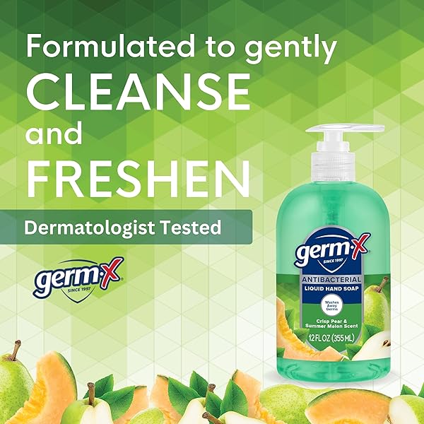 GERM-X ANTIBACTERIAL HAND SOAP, 12 OZ (PACK 4), MOISTURIZING LIQUID HAND WASH FOR KITCHEN OR BATHROOM, PH BALANCED & DERMATOLOGIST TESTED, CRISP PEAR & SUMMER MELON SCENT, PUMP BOTTLE