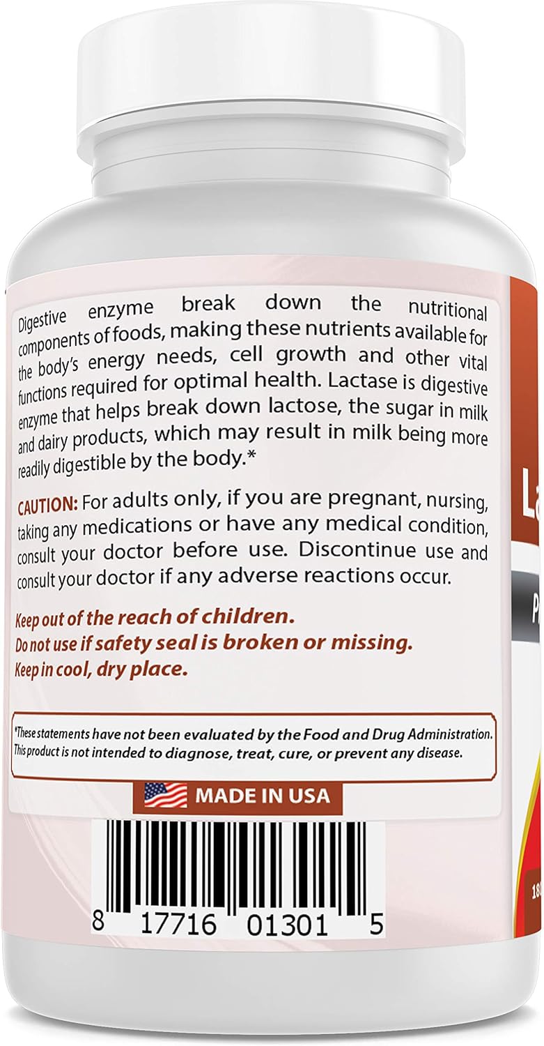Best Naturals Lactose Intolerance Relief Tablets with Natural Lactase Enzyme, Fast Acting High Potency Lactase, 9000 FCC ALU, 180 Count: Health & Personal Care