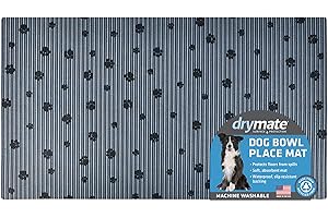 Drymate Pet Bowl Placemat, Dog & Cat Food Feeding Mat - Absorbent Fabric, Waterproof Backing, Slip-Resistant - Machine Washable/Durable (USA Made) (16” x 28”) (Grey Stripe Black Paw)
