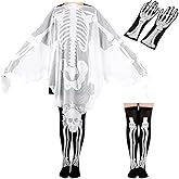 Bencailor 3 Pcs Women Skeleton Costume Set Lace Skeleton Skull Poncho Cloak Thigh High Socks Long Gloves Halloween Costume for Women