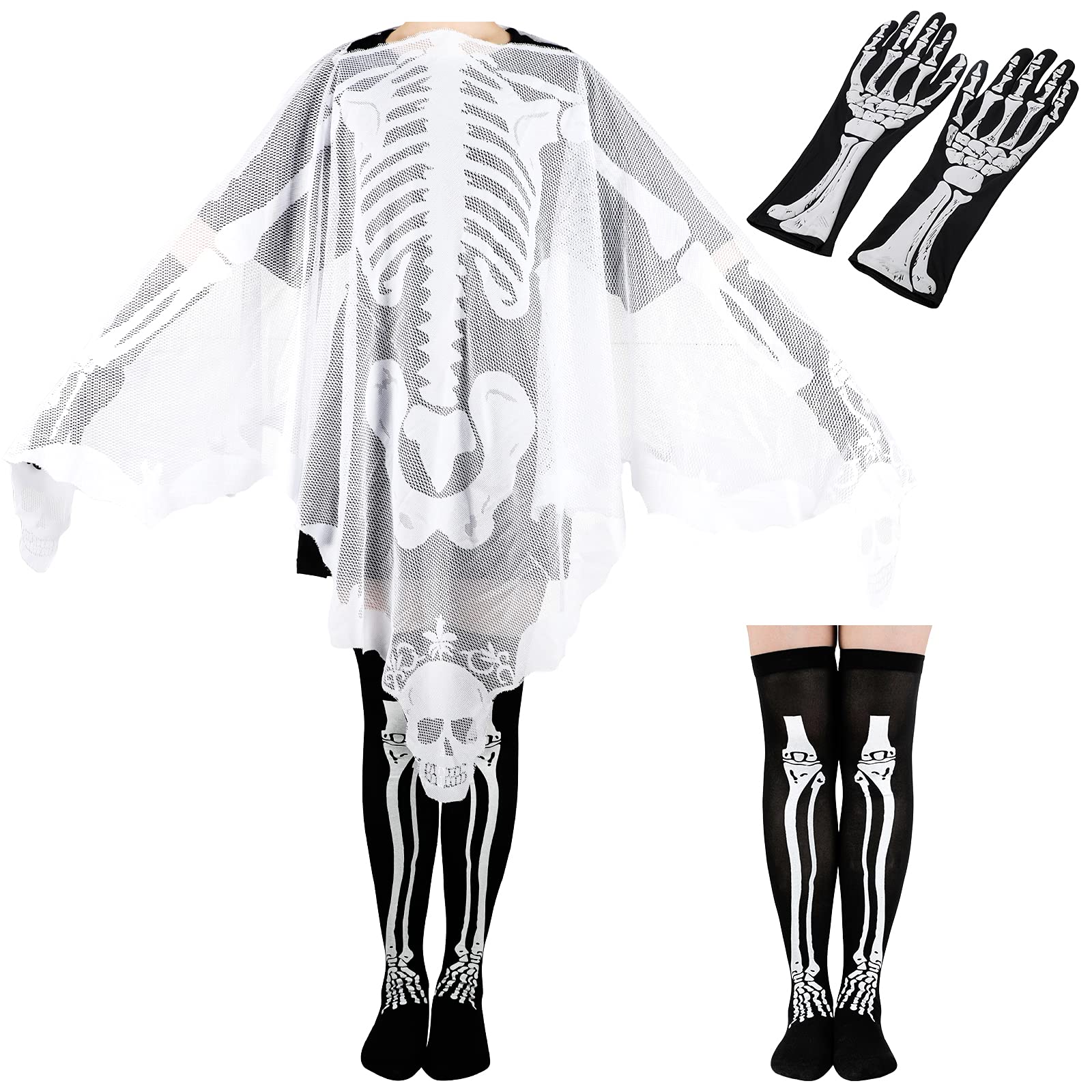 Bencailor 3 Pcs Women Skeleton Costume Set Lace Skeleton Skull Poncho Cloak Thigh High Socks Long Gloves Halloween Costume for Women