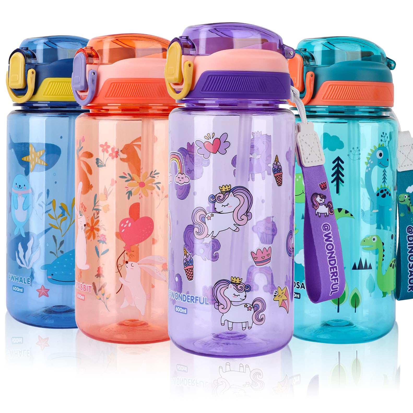 SENBSLAN Kids Water Bottles With Straw,600ml Drinks Bottle for School,Leakproof Children's Bottle BPA free Sport Bottle for Girls Boys (Purple-Unicorn)