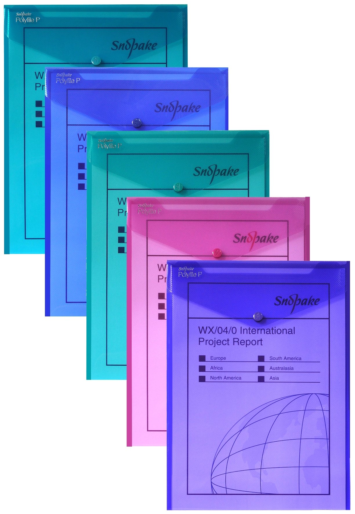 Snopake A4 Polyfile P Portrait Popper Wallet with Press Stud Closure [Pack of 5] Electra Assorted [13266]