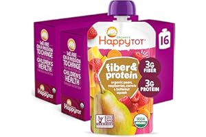 HAPPYTOT Happy Tot Organics Stage 4 Baby Food Pouches, Gluten Free, Vegan Snack, Fiber & Protein Fruit & Veggie Puree, Pears, Raspberries, Butternut Squash & Carrots, 4 Ounce(Pack of 16)