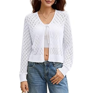 Yekaty Women's Lightweight Crochet Cardigan Tie Front Cropped Sweater Top | Long Sleeve Knit Cardigans Tops Casucal Cropped S