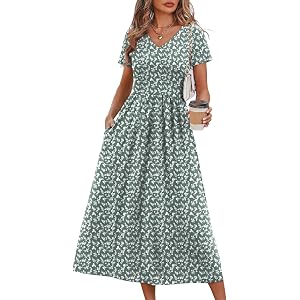 OFEEFAN Summer Dresses for Women Flowy Casual A-Line Midi Dress Beach Vacation Sundresses with Pockets S-2XL