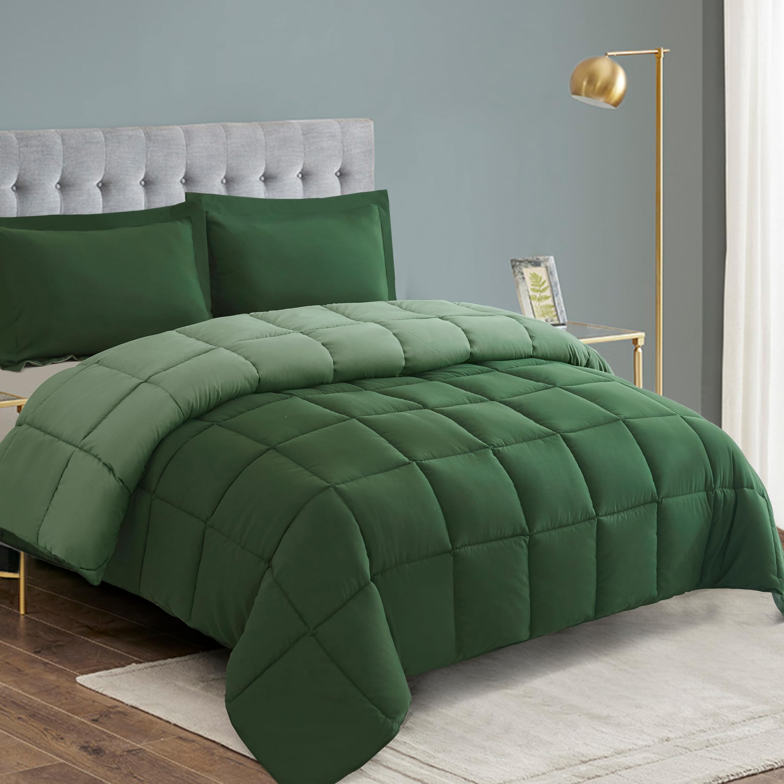 HIG 2 Pieces Green Reversible Coverless Duvet Single - 135 x 200cm - OEKO-TEX Certified - 10.5 Tog Duvet with Corner Tabs - Down Alternative Comforter with 1 Sham - Machine Washable