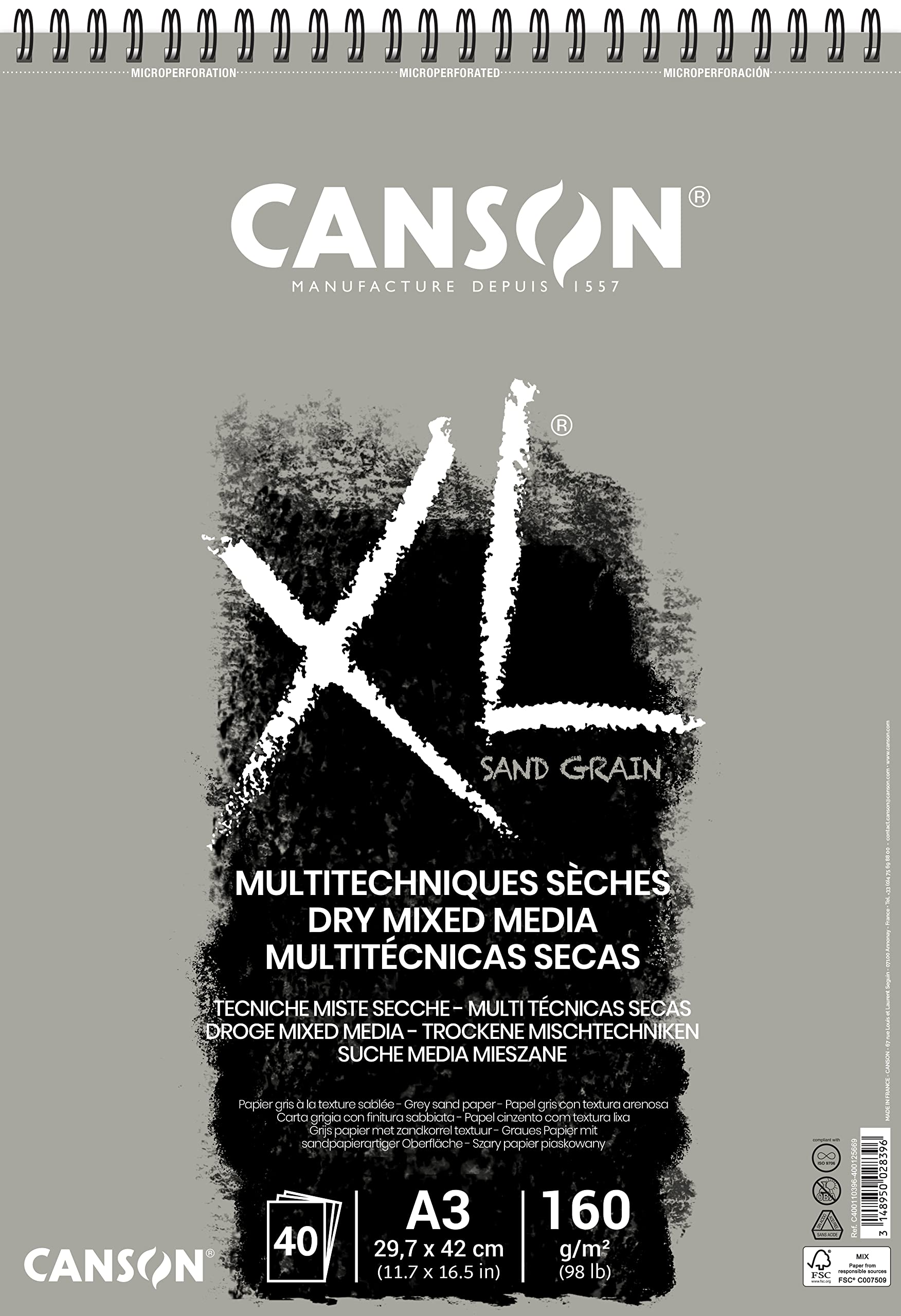 CANSON XL Sand Grain Dry Mixed Media 160gsm A3 Paper, Sand Finish, Spiral Pad Short Side, 40 Grey Sheets, For Professional Artists & Illustrators