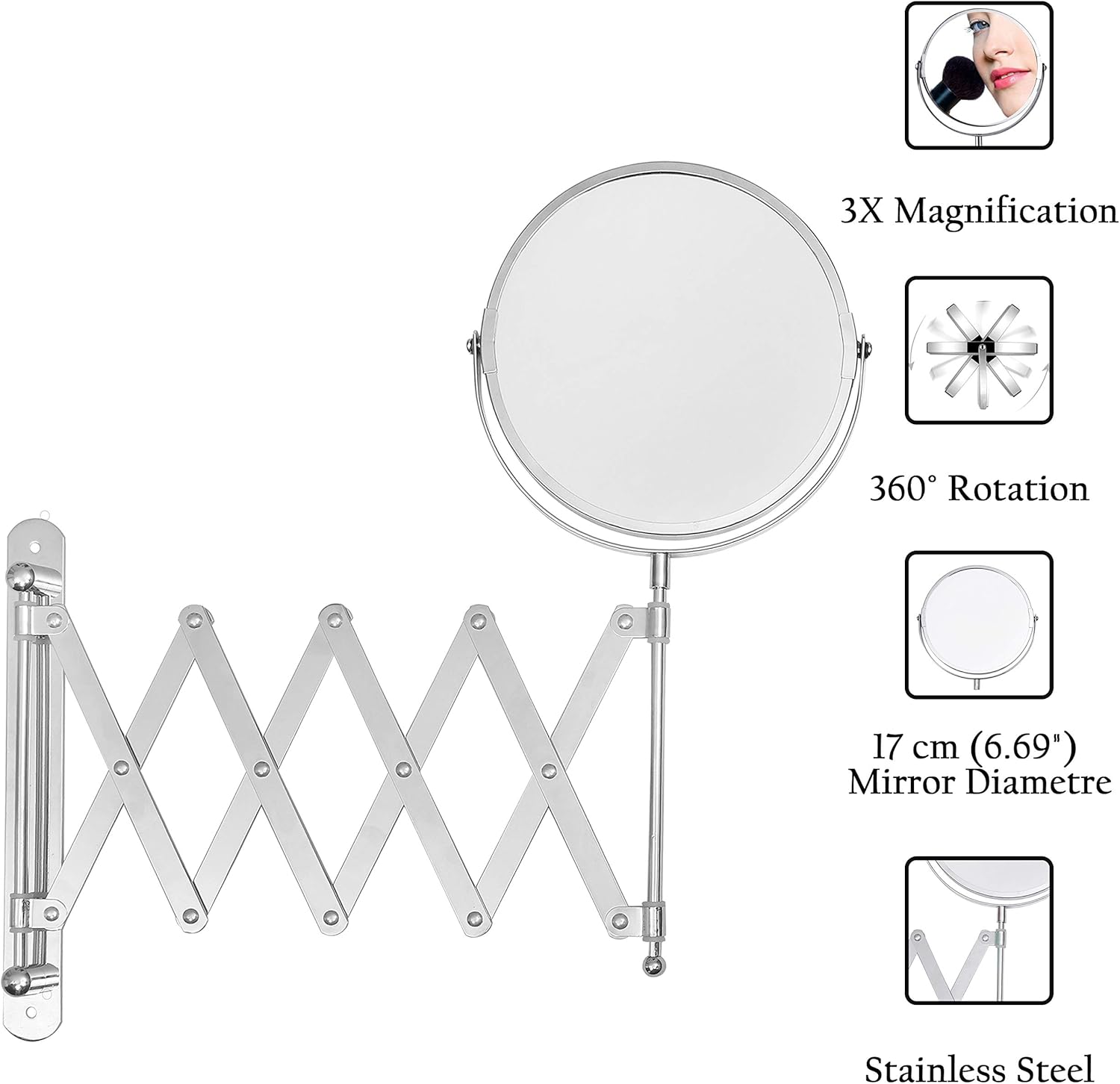 BELLE VOUS Chrome Wall Mounted Extendable 360° Swivel Mirror 3X