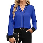 Fayenne Womens Long Sleeve Tops Dressy Casual V Neck Color Block Business Casual Outfits Work Blouses Office Shirts Royal Blue