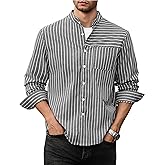 ZAFUL Men's Casual Button-Down Shirts Long Sleeve Striped Cuban Guayabera Banded Collar with Pocket All-Day Shirt Tops