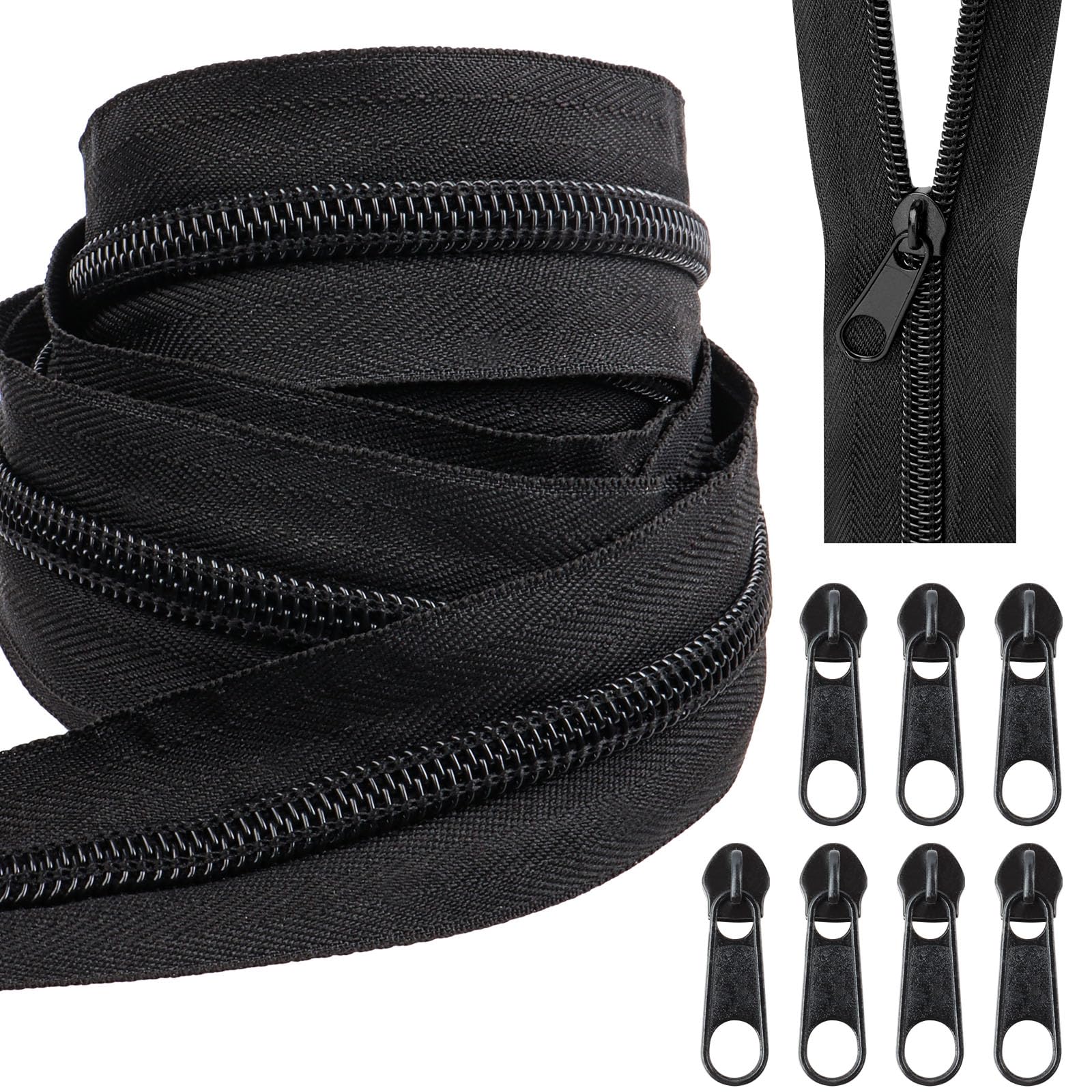 Photo 1 of 10 Yards Nylon Coil Zippers by The Yards, #5 Bulk Zippers with 20 Pcs Zipper Sliders, Zipper Replacement for DIY Sewing Craft Bags, Black