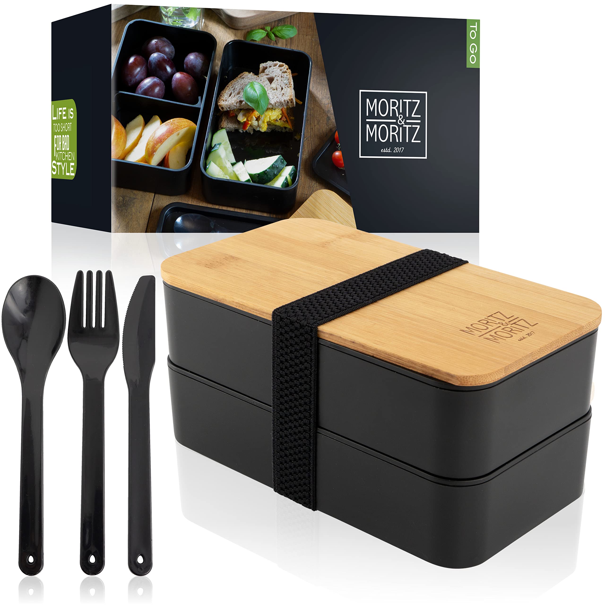 Moritz & Moritz Bento Box Black - Bento lunch box for kids and adults - Lunch box with bamboo lid - ideal for work, school or travelling