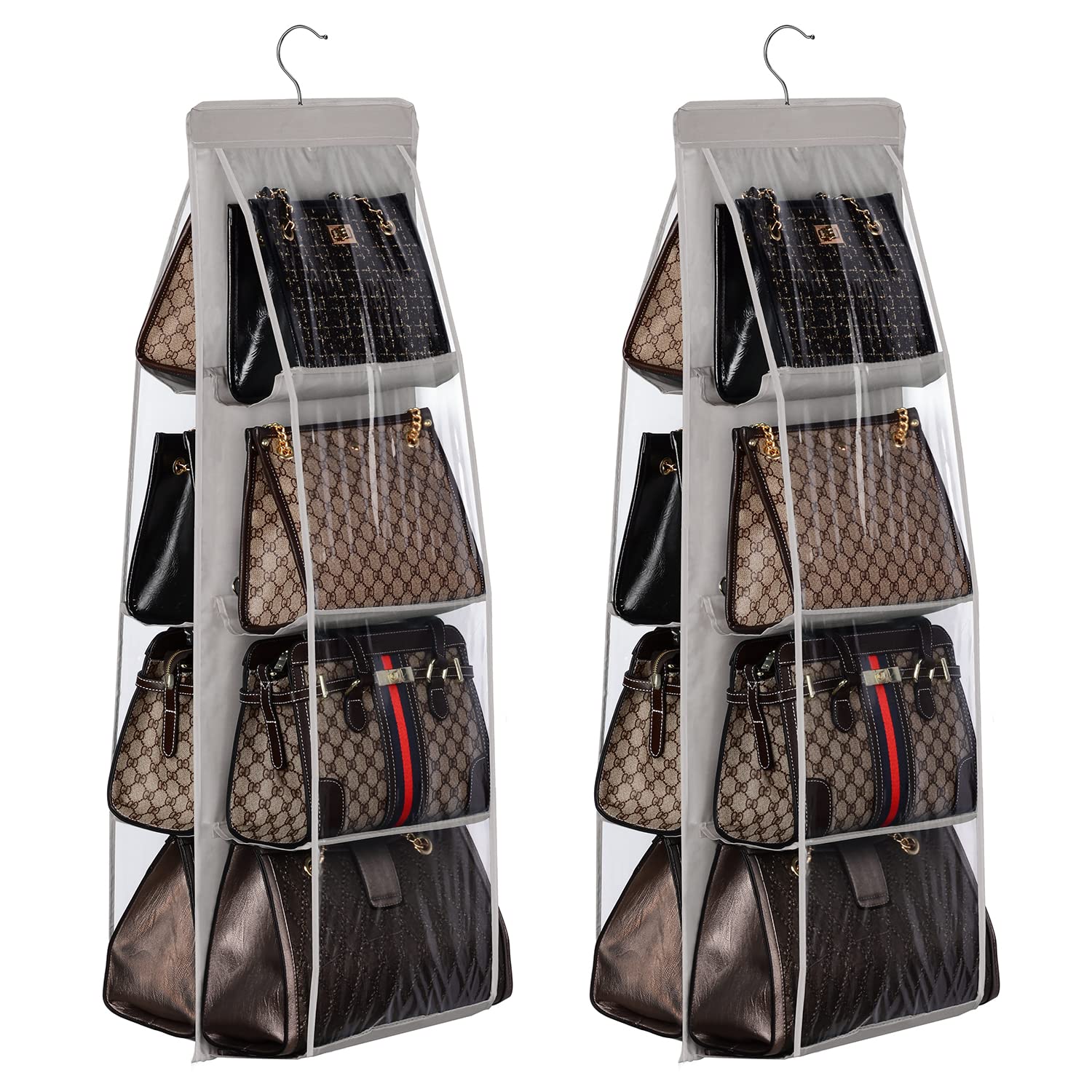 Lirex 2-Pack Handbag Hanging Organizer with 8 Pockets, Foldable Oxford Cloth Purse Organizer for Closet Organizers and Storage Hanger Closet Organizer for Family Closet Bedroom, Universal Fit, Grey