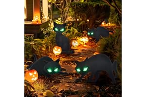 PONLODOS Lighted Black Cat Decor Yard Signs, 4 PCS Halloween Decorations Outdoor Scary Black Cat with LED Lights Glow Eyes for Lawn Garden Yard Stakes Outside Halloween Decoration Decor Clearance