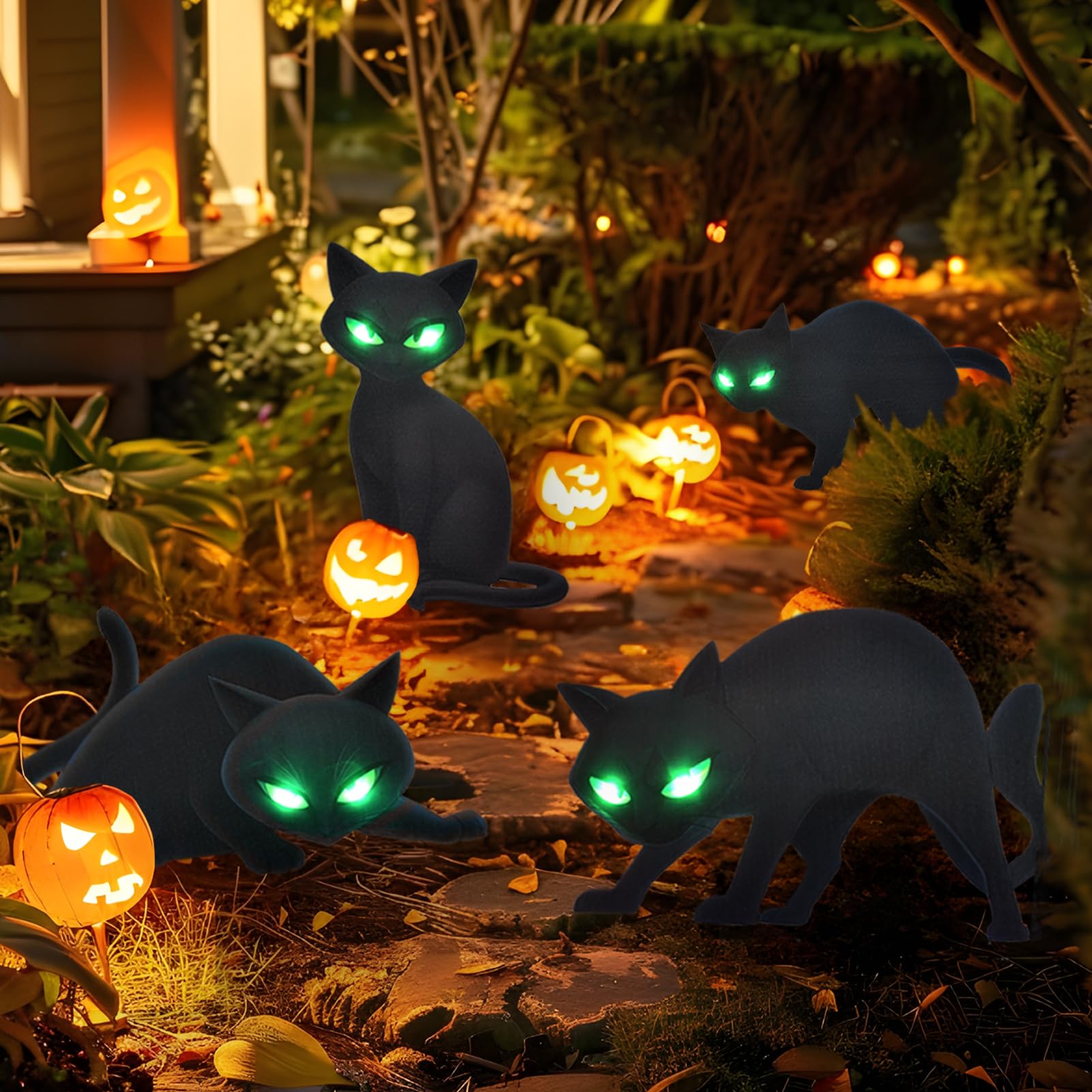 Photo 1 of Lighted Black Cat Decor Yard Signs, 4 PCS Halloween Decorations Outdoor Scary Black Cat with LED Lights Glow Eyes for Lawn Garden Yard Stakes Outside Halloween Decoration Decor Clearance