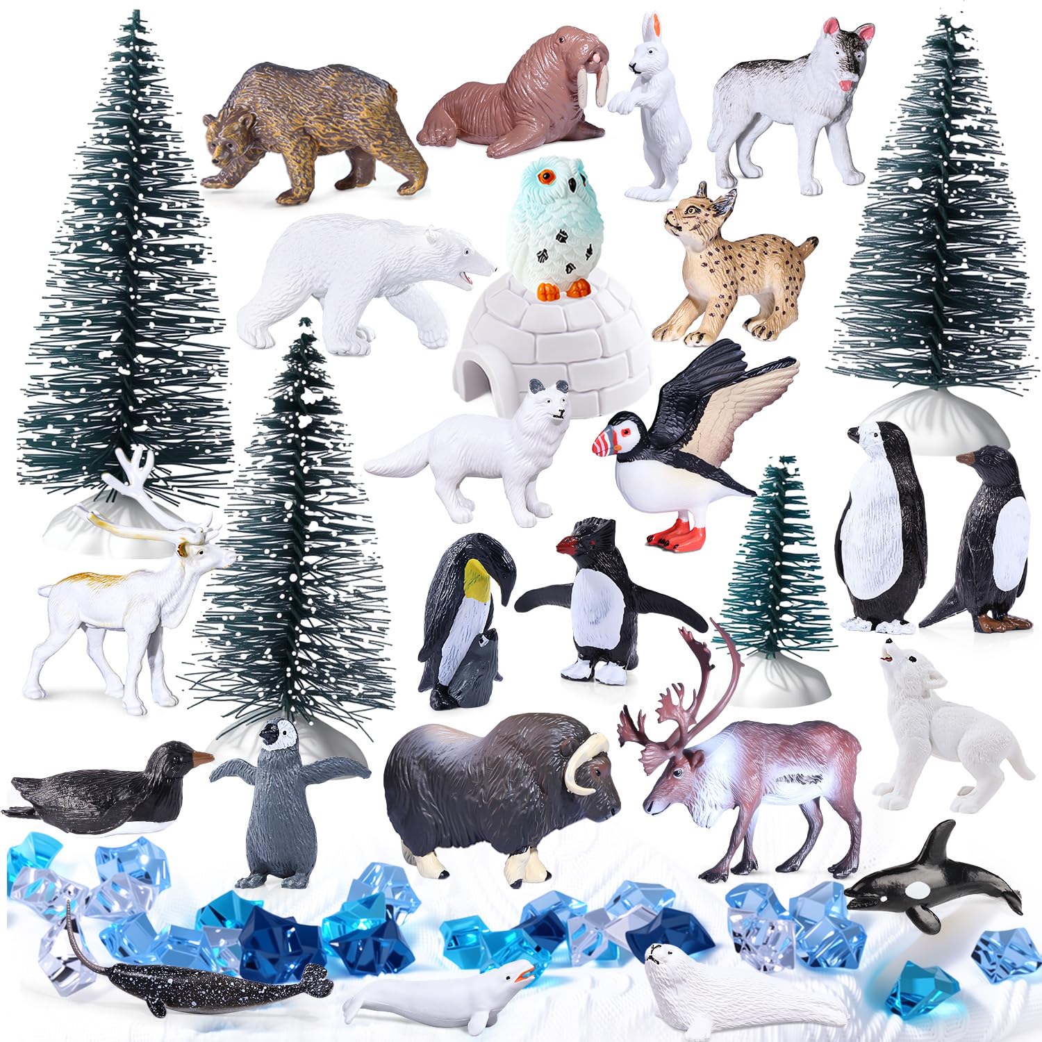 SIENON 60Pcs Arctic Animal Toy Set, Mini Winter Creatures Figures with Polar Bear, Penguin, Caribou, Puffin, Lynx, Igloo, Pine Trees, Fake Ice Rocks for School Project Birthday Cake Decorations