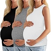 Neer 3 Pack Women's Ribbed Maternity Tank Tops Sleeveless Ruched Side Crew Neck Pregnancy T Shirts Basic Mama Clothes