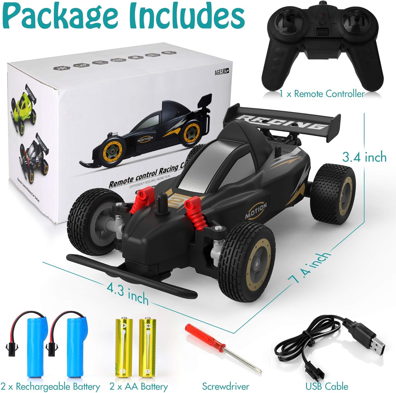 RC Racing Car, 4WD 2.4Ghz Remote Control Car, 10-15KM/H High Speed, Variable Speed, 1:20 Scale, 4 Batteries, Toys Cars for Boys and Girls, Black: Toys & Games