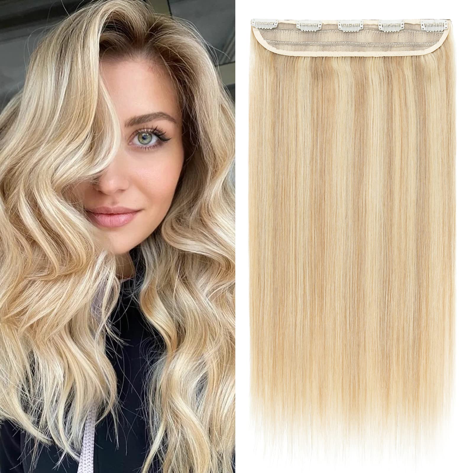 20" One Piece Clip in Real Hair Extensions 100% Remy Human Hair #18P613 Ash Blonde&Bleach Blonde 95g 3/4 Full Head Thick Straight